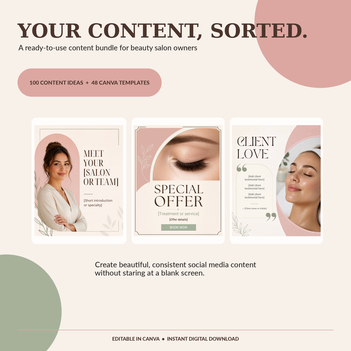 Beauty Salon Social Media Templates | 100 Content Ideas & 48 Canva Instagram Templates | Salon Marketing Digital Download
