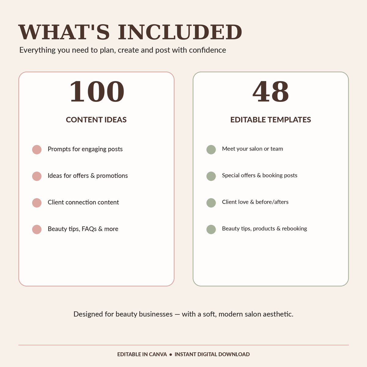 Beauty Salon Social Media Templates | 100 Content Ideas & 48 Canva Instagram Templates | Salon Marketing Digital Download
