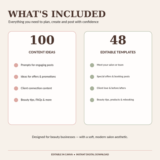 Beauty Salon Social Media Templates | 100 Content Ideas & 48 Canva Instagram Templates | Salon Marketing Digital Download